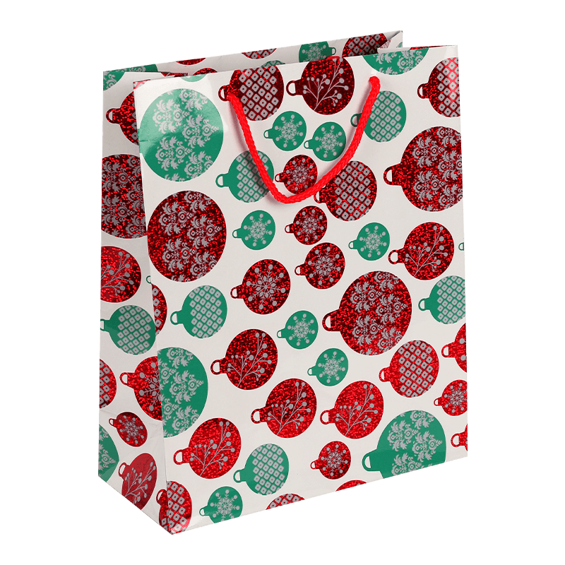 Bolsa de regalo navideña con estampado de bolas navideñas