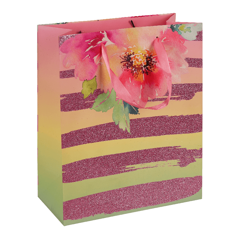 Bolsa de regalo de papel con asa de rayas rosas