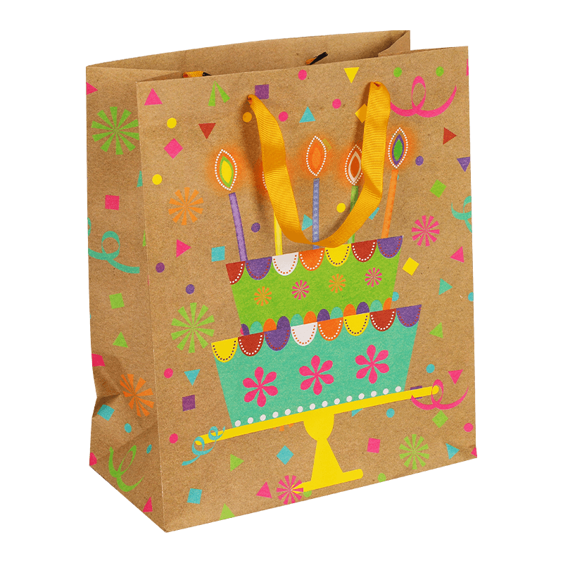 Bolsa de regalo de fiesta de papel Kraft con estampado de pastel de cumpleaños