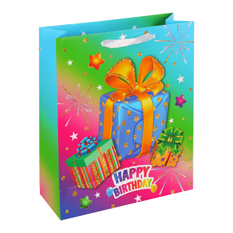 Bolsa de papel de feliz cumpleaños con estampado de colores y purpurina