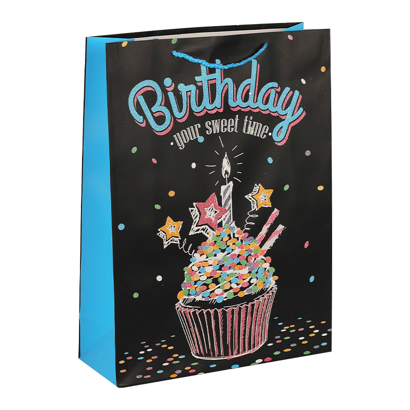 Bolsa de regalo de papel negra Happy Birthday con asa