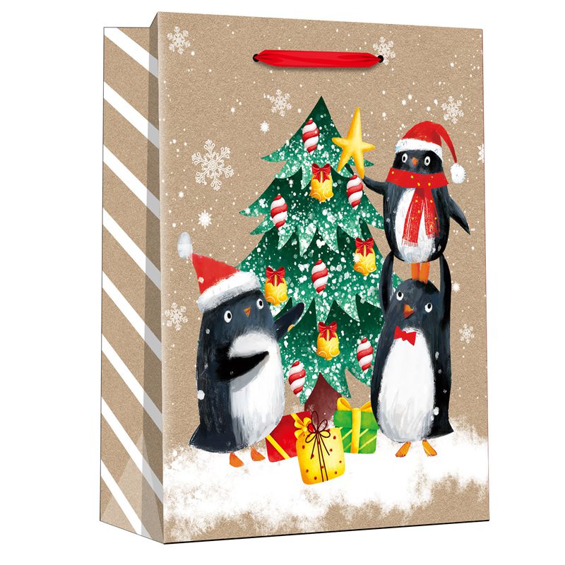 Bolsa de papel para compras con regalo de pingüinos encantadores impresos en Navidad