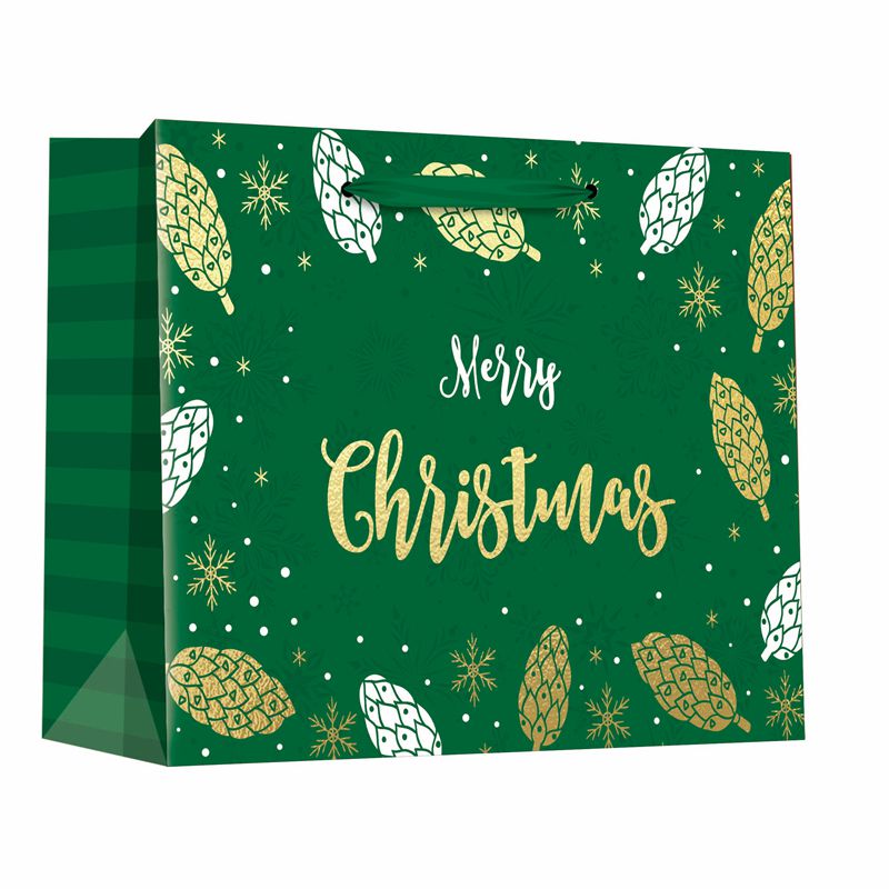 Bolso verde impreso del regalo del papel de los conos del pino de la Navidad con estilo horizontal